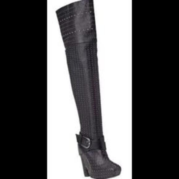 Sam Edelman Black Leather Studded Over-the-Knee Wedge Boots Buckle - Women’s 7.5 - Picture 2 of 15